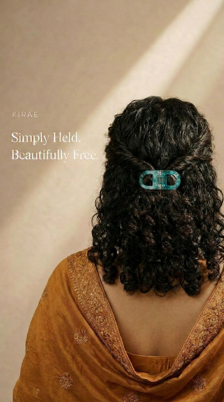 teal magnetic hair clip curly hair saree ethnic wear India KIRAE Curve